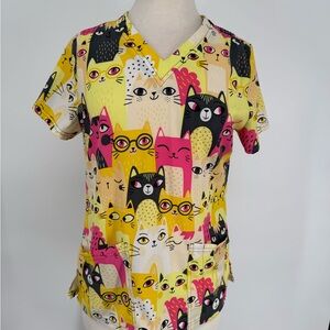 Buttersoft Yellow Cat 2-Pocket Scrub Top